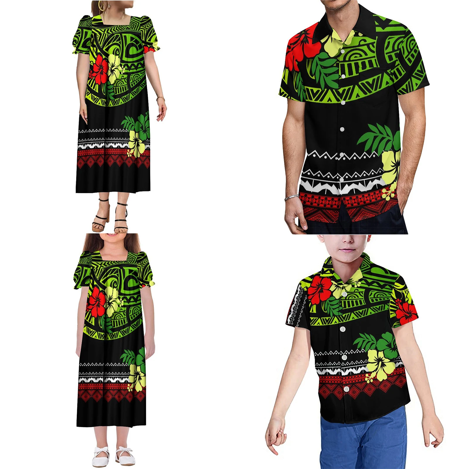 Polynesische stam bloemen aangepaste Fiji Micronesische Samoaanse familiefeest set moeder dochter Mumu jurk vader zoon casual shirt