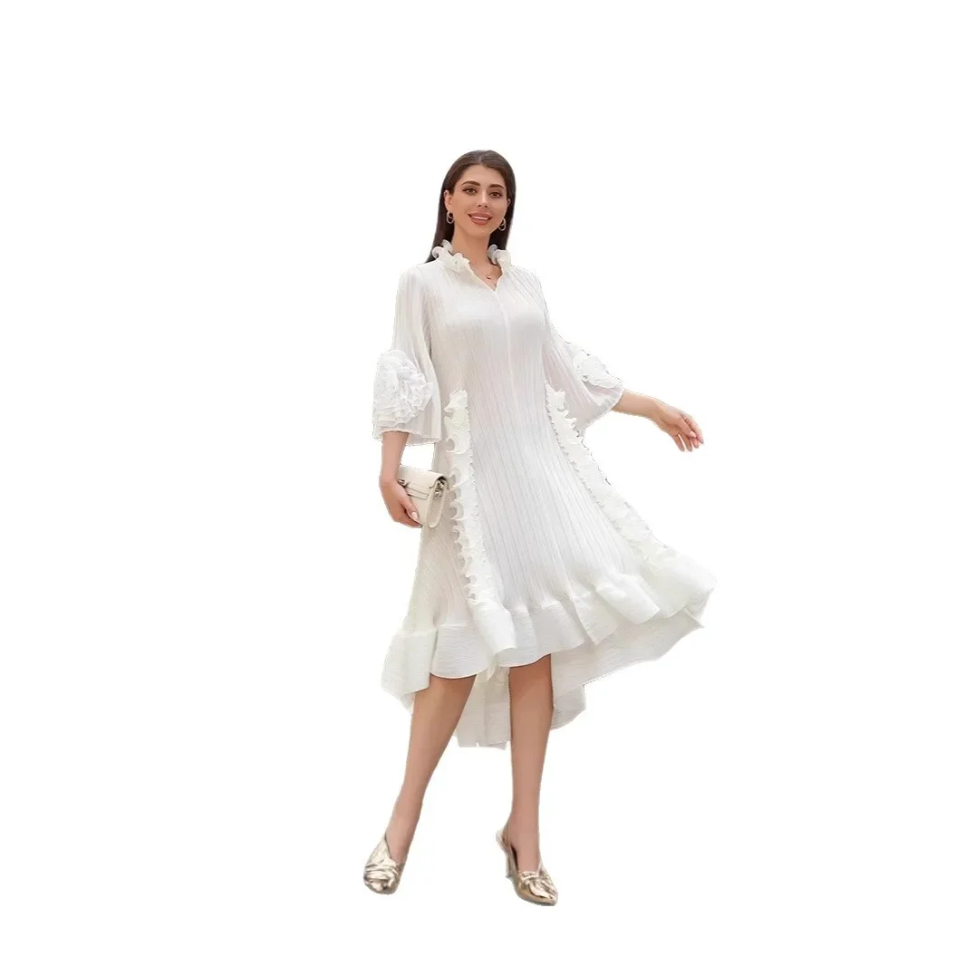 여성 우아한 드레스 솔리드 컬러 v 넥 긴 소매 패치 워크 디자인 루즈 피트 플러스 사이즈 세련된 캐주얼 이브닝 가운