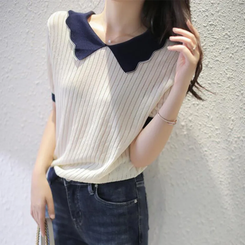 

2023 Spring Summer Women's Clothing Fashion Ice Silk Tops Short-sleeve Hollow Out Knitted T-shirt Female Spliced Color Slim