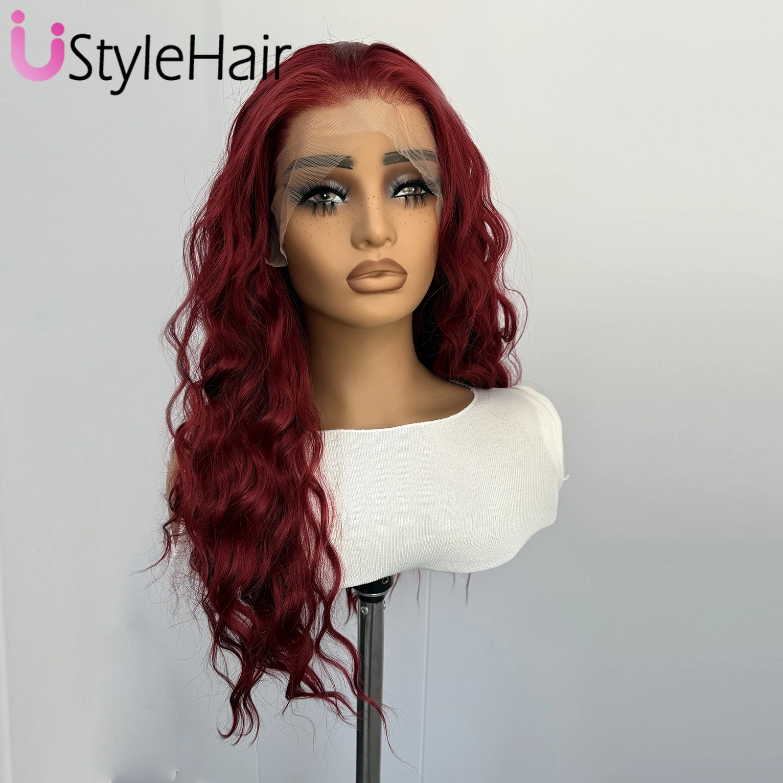 UStyleHair بورجوندي الدانتيل شعر مستعار أمامي طويل الجسم موجة الشعر الاصطناعية 13x4 غلويليس شعري طبيعي الباروكات ارتداء اليومي تأثيري الباروكات