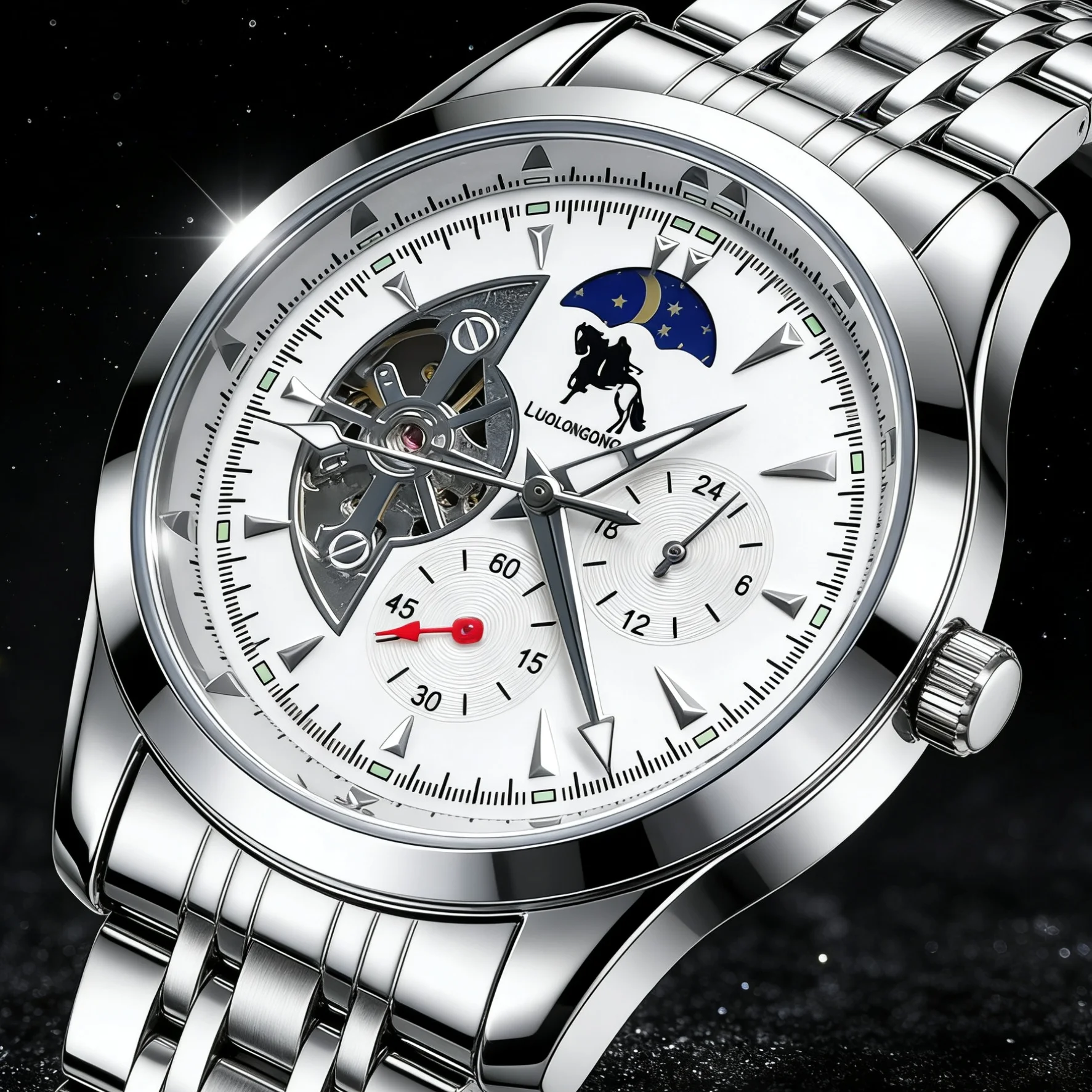 

Luxury Men's Mechanical Watch - Skeleton Tourbillon, Moon Phase, 24-Hour Sub-Dial, Stainless Steel Strap, Hollow Design, Men's Business Waterproof Wristwatch