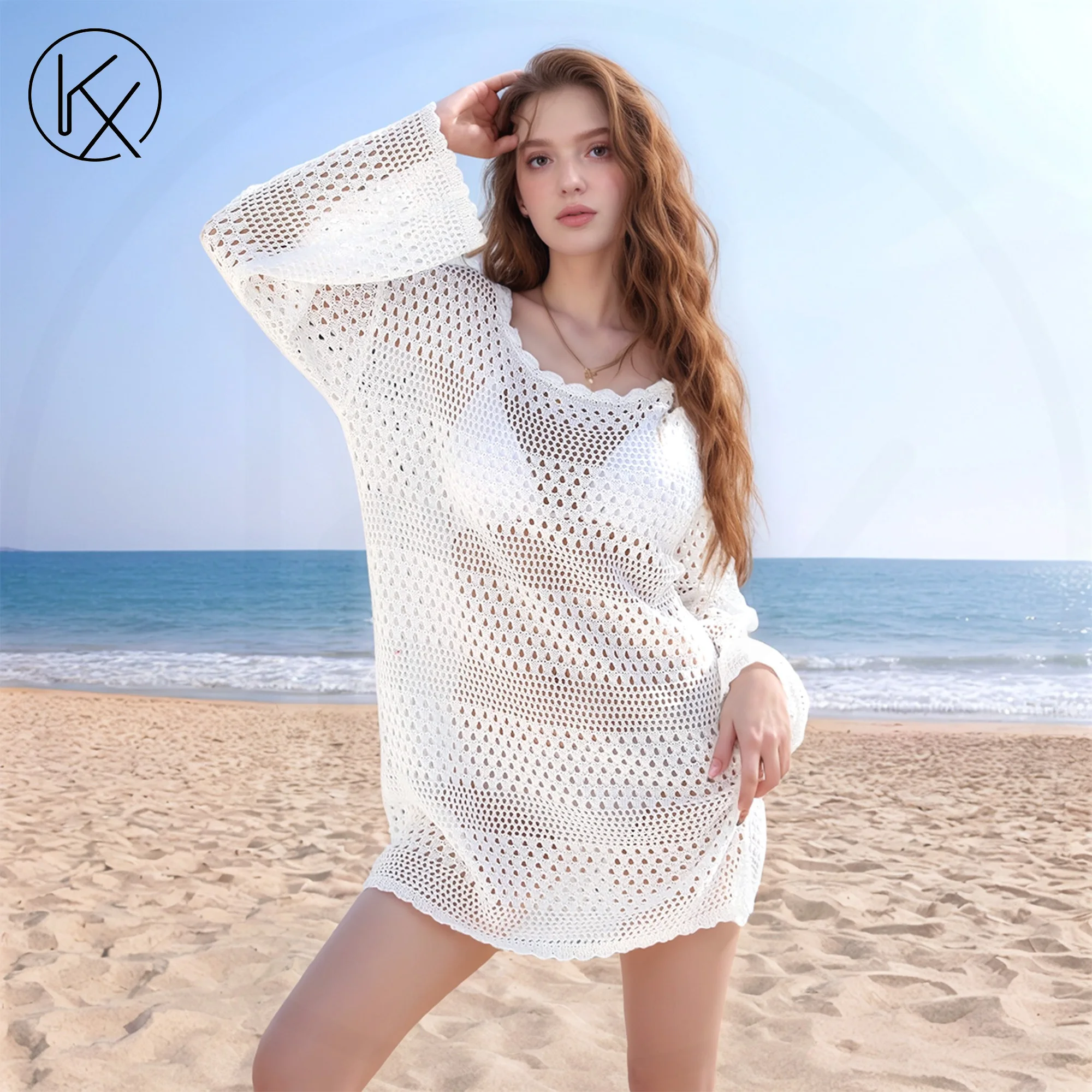 

kaixiggmm Beach cardigan sexy retro French lace long sleeved shirt women's design sense niche loose cardigan