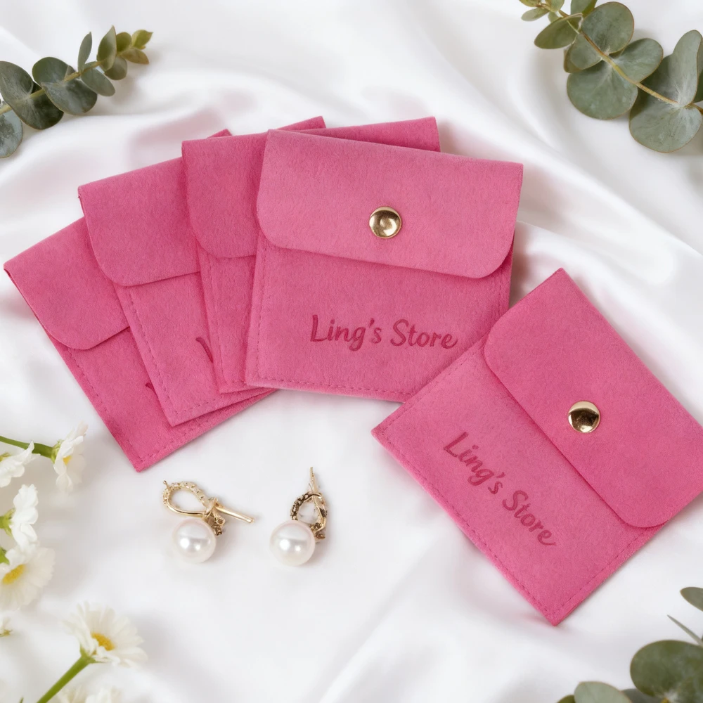 

100Pcs Rose Pink Custom Logo Jewelry Microfiber Snap Bag Rings Earrings Studs Bracelet Pendant Necklace Organizer Gift Packaging