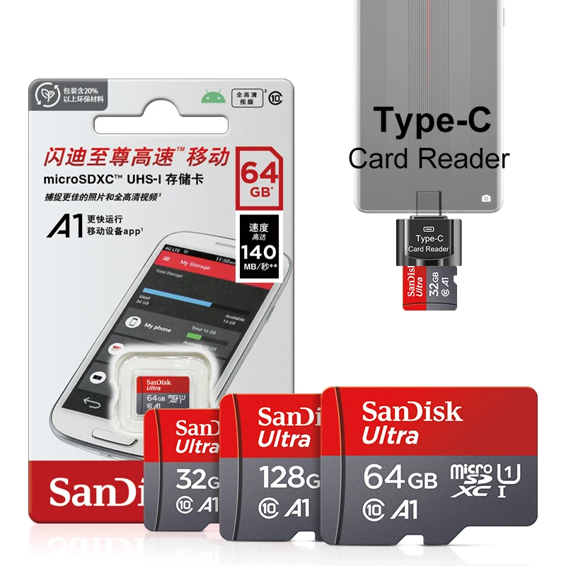 100% Original SanDisk 128GB 64GB 32GB A1 Micro SD Card Class 10 UHS-1 TF Flash Cardสําหรับสมาร์ทโฟน/PC