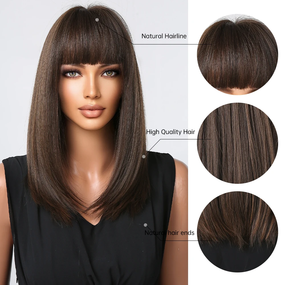 Black Brown Middle Part Synthetic Wig with Bangs Straight hair Wig for Women Natural Heat Resistant Daily Party Use