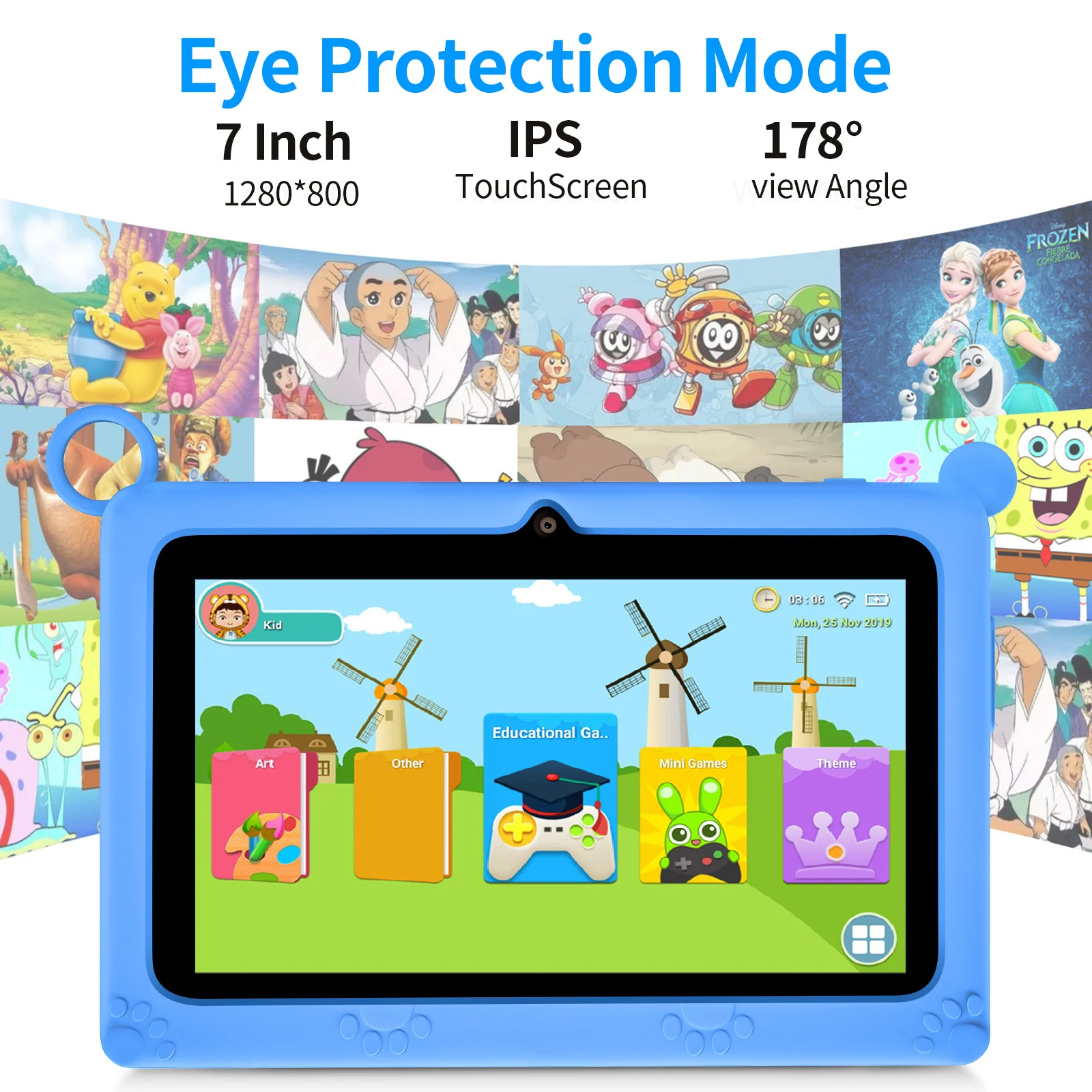 Learning Kids Tablets Android, 7 ", Quad-Core, 2GB + 32GB, WiFi, Bluetooth 4.2, Software Educacional Instalado com Case Kids-Proof