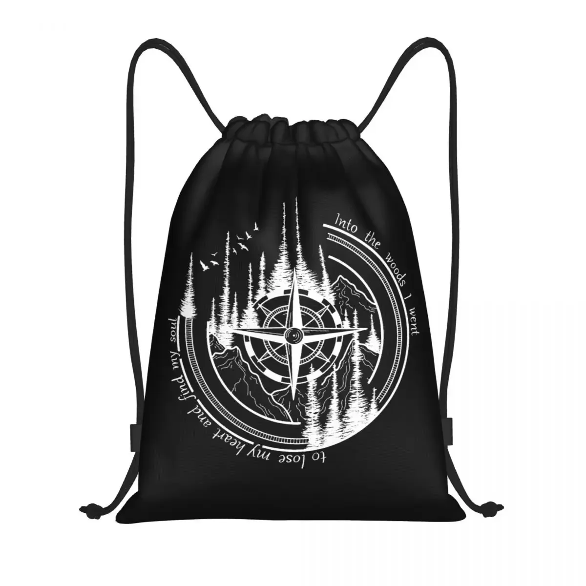 Compass Mountains Camping Adventure Drawstring Backpack Sports Gym Bag for Women Men Training Sackpack