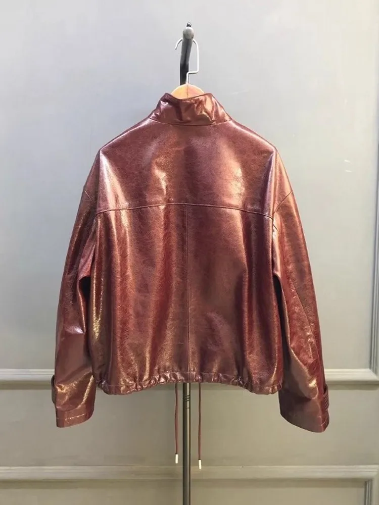 Fashion Retro Women Office Handmade Oil Wax Zipper Solid Color Genuine Leather Short Jacket Sheepskin Long Sleeves Casual Coat