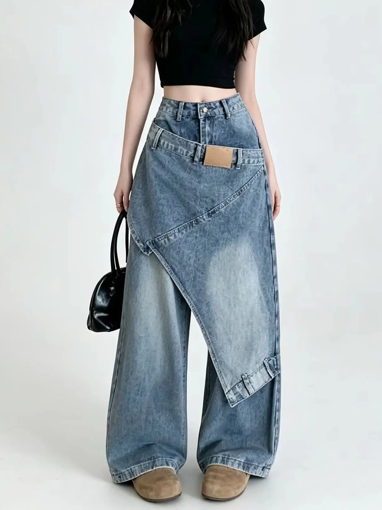 

Women's Blue Asymmetric Personality Jeans Y2K Harajuku High Street Aesthetic Hip Hop Fashion Wide Leg Denim Long Pants Clothing