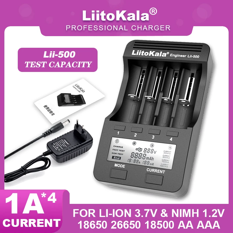 Liitokala Lii-500 LCD USB 3.7V 18650 18350 17500 16340 18500 21700 14500 26650 AA NiMH Lithium-Battery Charger TEST Capacity