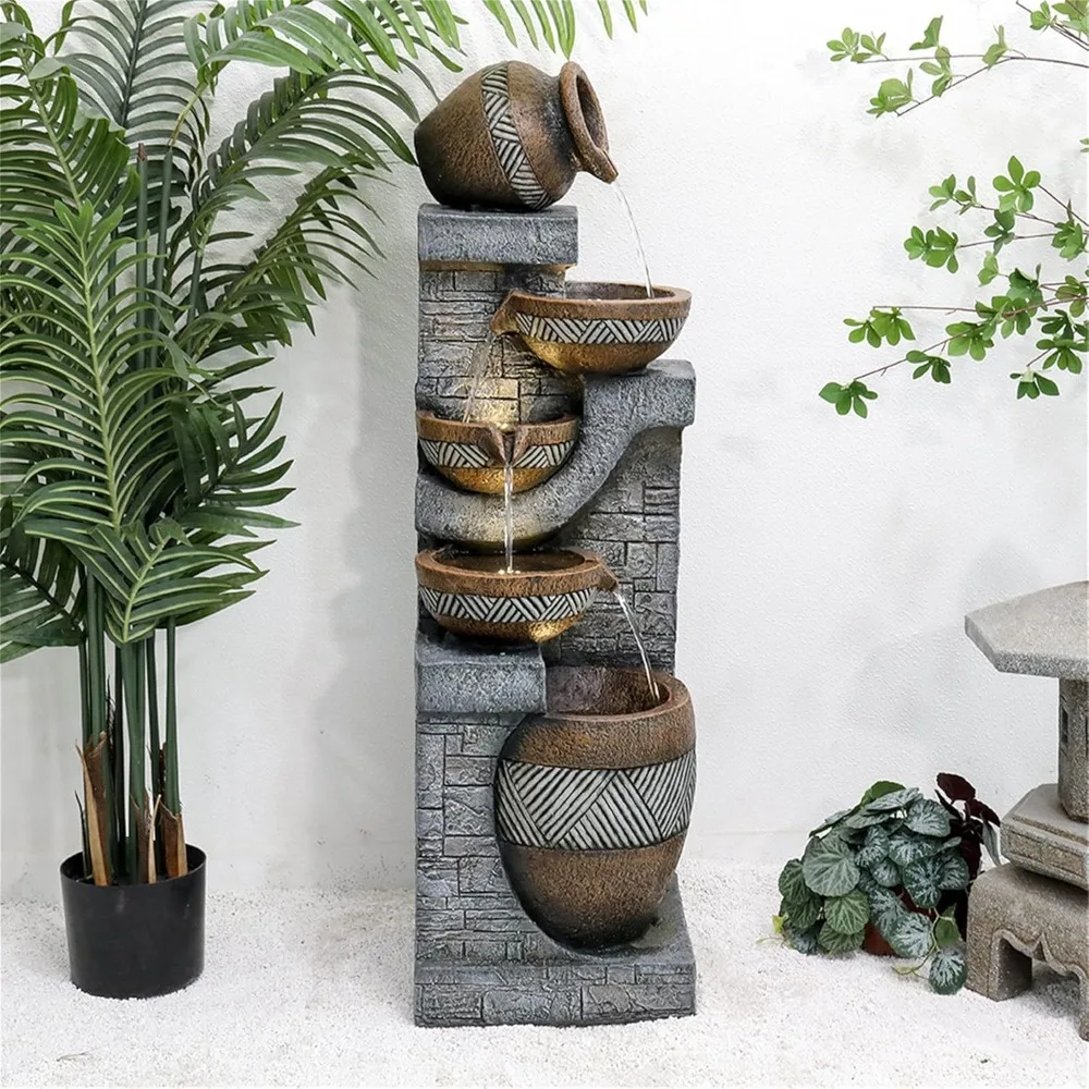 

5-Tier Outdoor Stone Water Fountain with Led Lights Grey Resin