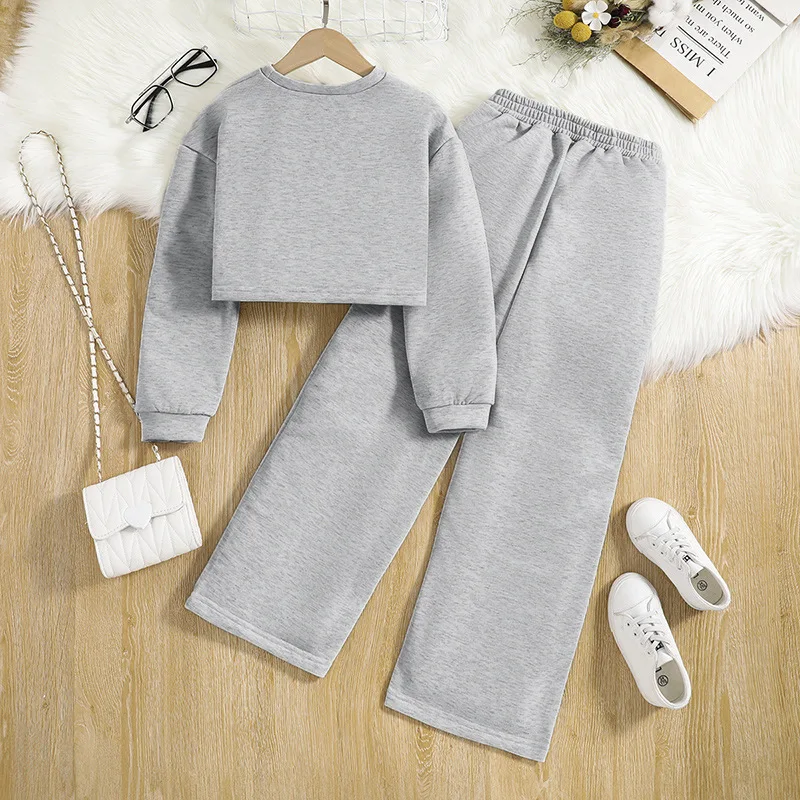2026 spring winter Kids tracksuit Children Girls Clothes Casual crop top T-Shirt + wide leg Pant Suit Teenager 4 8 to 10 12 year