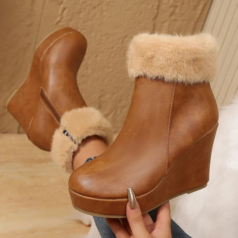

Женские уютные ботильоны на танкетке с плюшевой подкладкой, теплая зимняя обувь на толстой подошве с пушистым мехом, женские короткие ботинки из искусственной кожи на массивной платформе