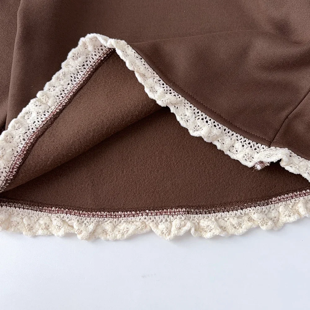 كاكي 2025 خريف جديد ملابس الفتيات الرياضية والترفيهية الدانتيل كم طويل هوديي + السراويل قطعتين مجموعة ملابس يومية النسخة الكورية #4