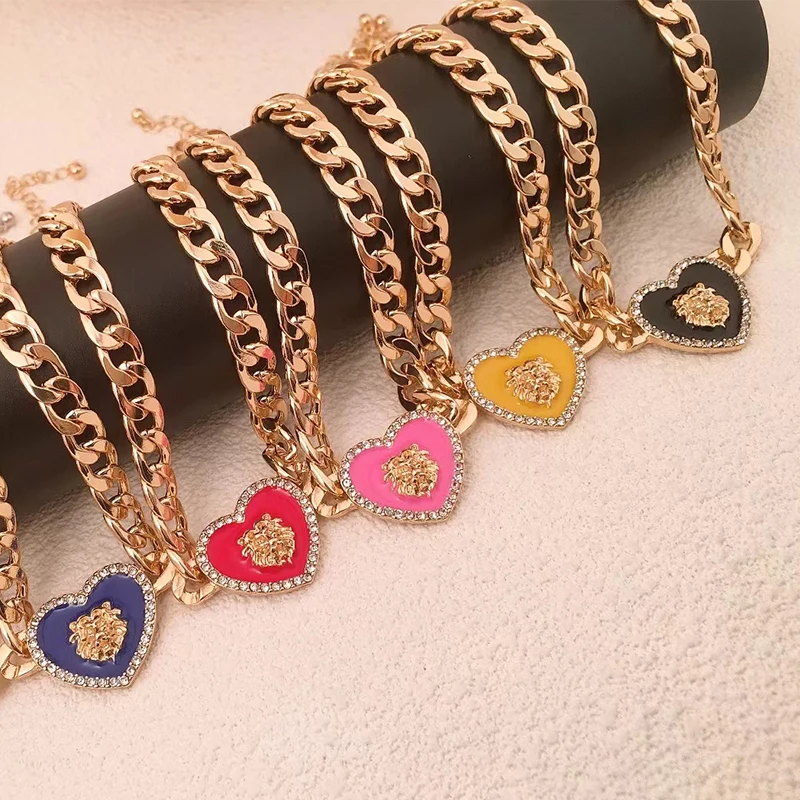 Multicolor Enamel Gold-plated Lion Head Necklace for Women Fashion Gemstone Punk Heart Pendant Necklace Collar Choker Jewelry