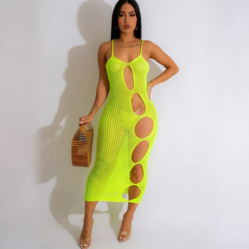 

Women Elegant Crochet Sleeveless Strap Long midi Dress Knit Hollow Out Beach Holiday Party Vestido Dresses Summer Smock