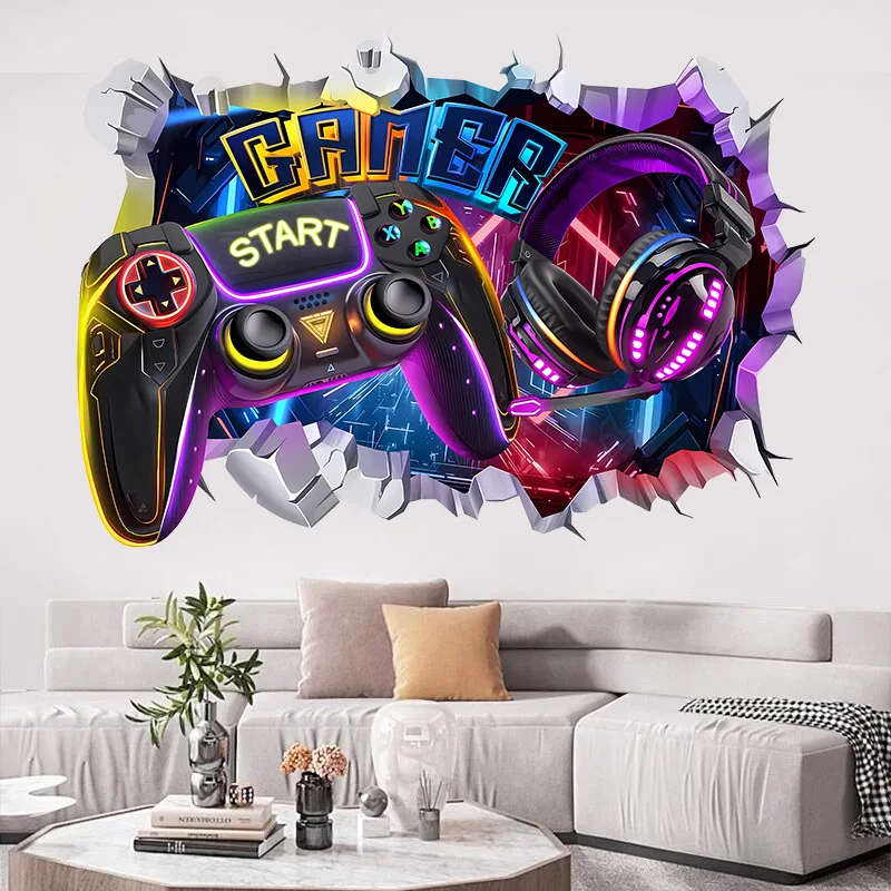 3D Broken Wall Hole Art Gamer Gamepad Vinyl Mural Stickers for Home Kids Room Boy Bedroom Play Zone Decoration Video Game Poster