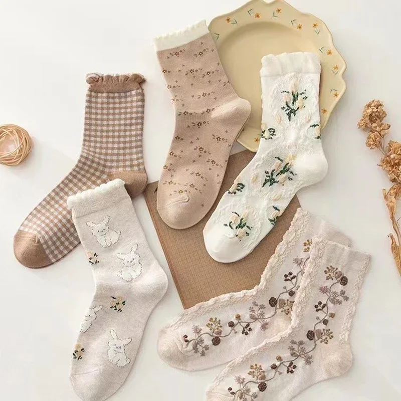 

5 пар носков, женские трубчатые носки в стиле литературы и искусства, японские осенние и зимние утолщенные носки в стиле ретро для девочек носки Женские