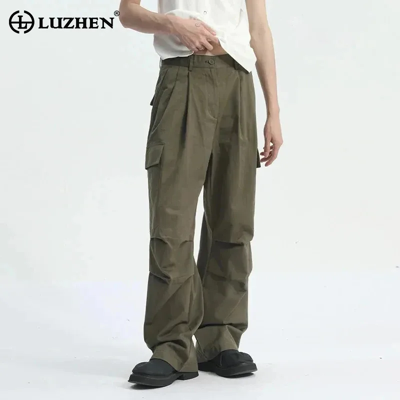 

LUZHEN 2024 New Ruched Splicing Design Straight Pants Plain Original Men's Fashion Street High Quality Wide Leg Trousers LZ3805