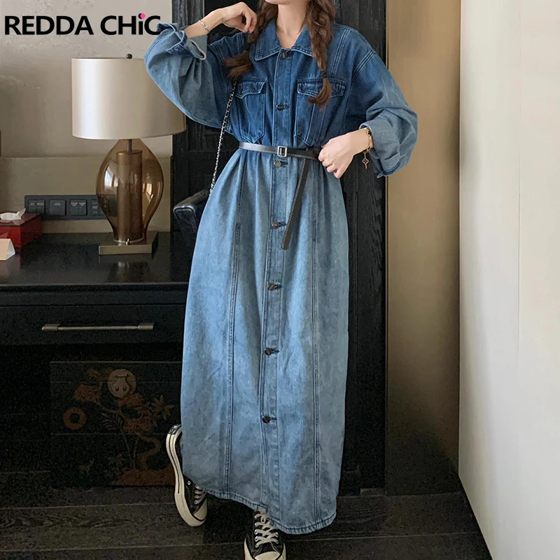 ReddaChic Cowgirl Button Down Shirt Dress Women Gradient Wash Lapel Midi Long Casual Loose Shoulder Pads Denim Jacket Streetwear