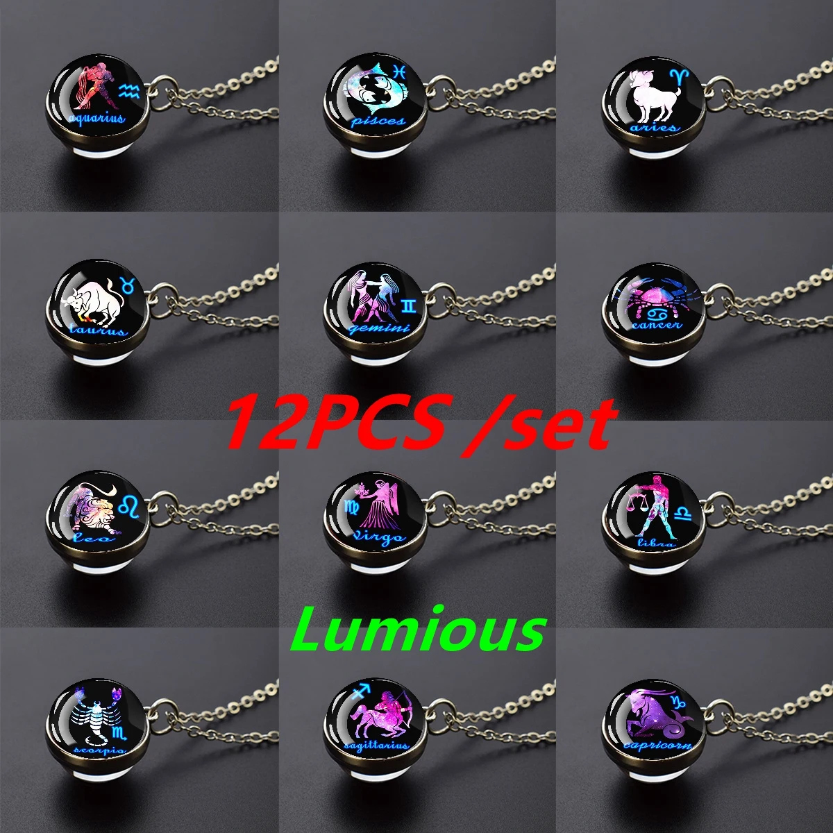 12PCS Glow in The Dark Zodiac Necklaces, 12 Constellation Glass Ball Pendant Astrology Jewelry Set