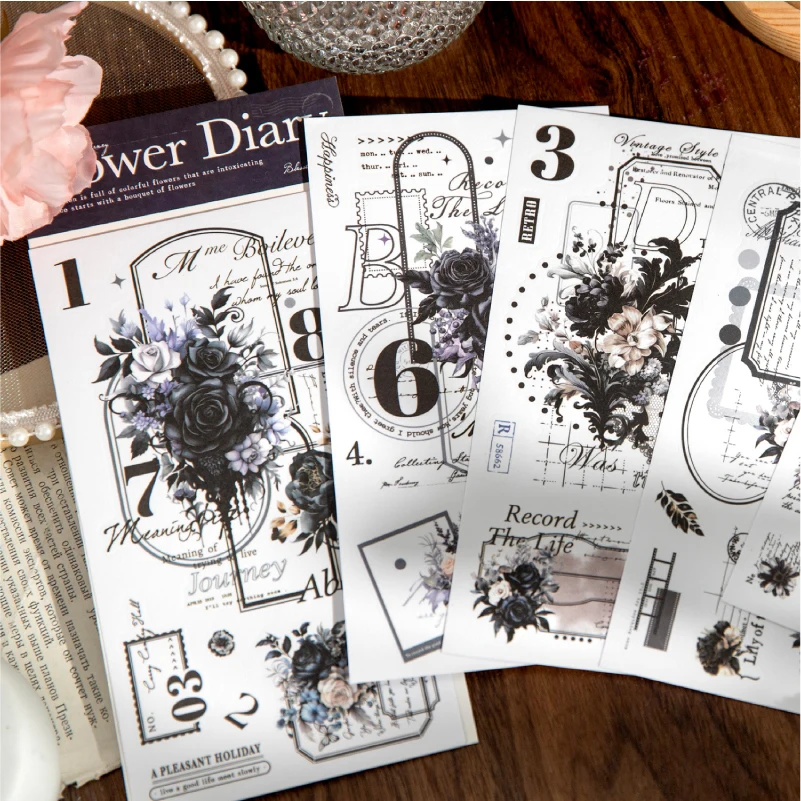 Journal GO 6pcs Flower Shadow Naklejka dekoracyjna Fresh Plant Flowers Collage Scrapbooking Label Diy Diary Journal Planner Label
