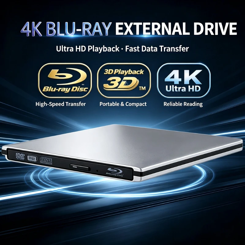 Aluminum Alloy USB 3.0 External Blu-ray Combo Drive 3D BD DVD CD Burner Reader Portable Optical Drive for Laptop Desktop PC