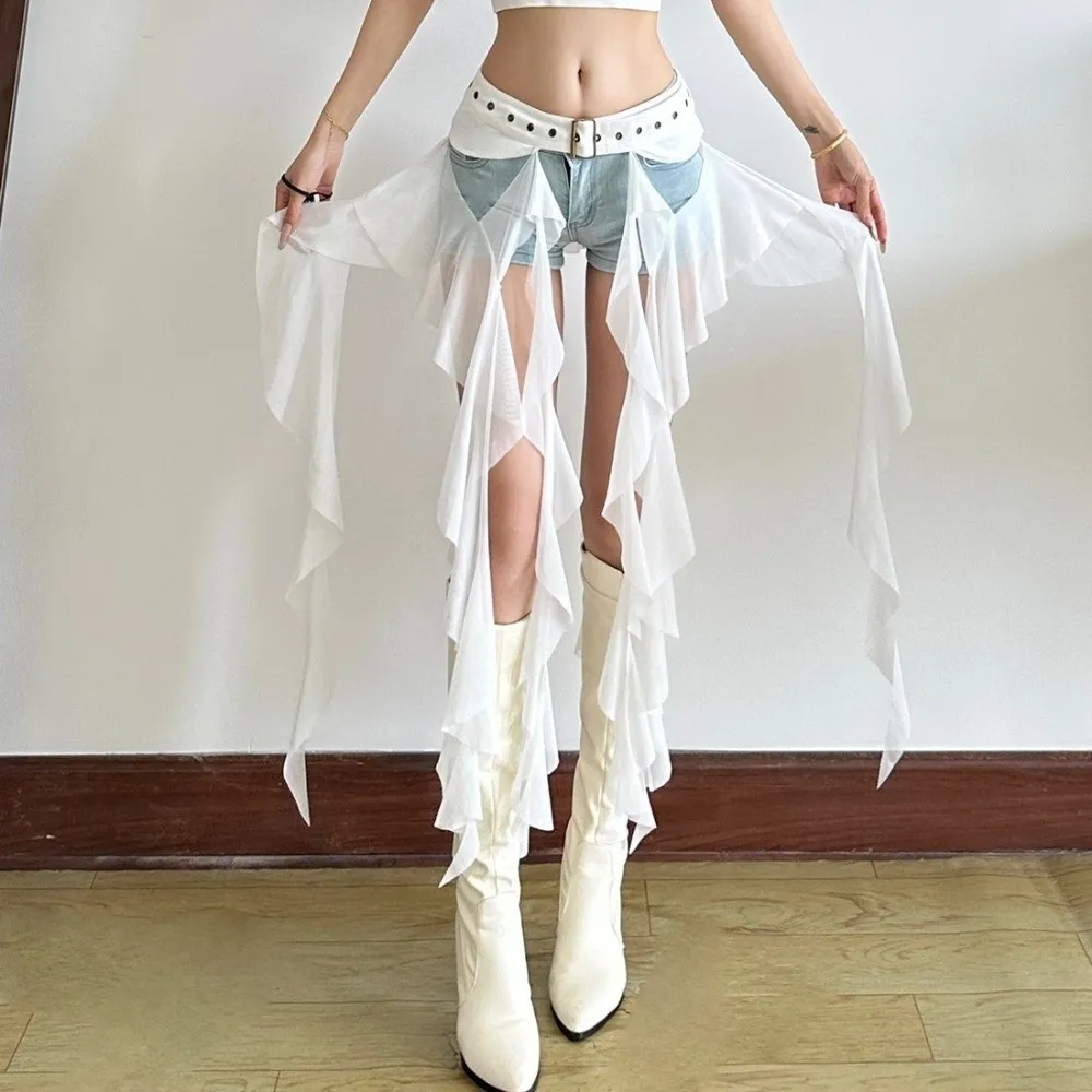 Fashion Irregular Ruffles Belts for Women Long Tassel Adjustable Buckle Waistband Y2K White Mini Skirt Streetwear