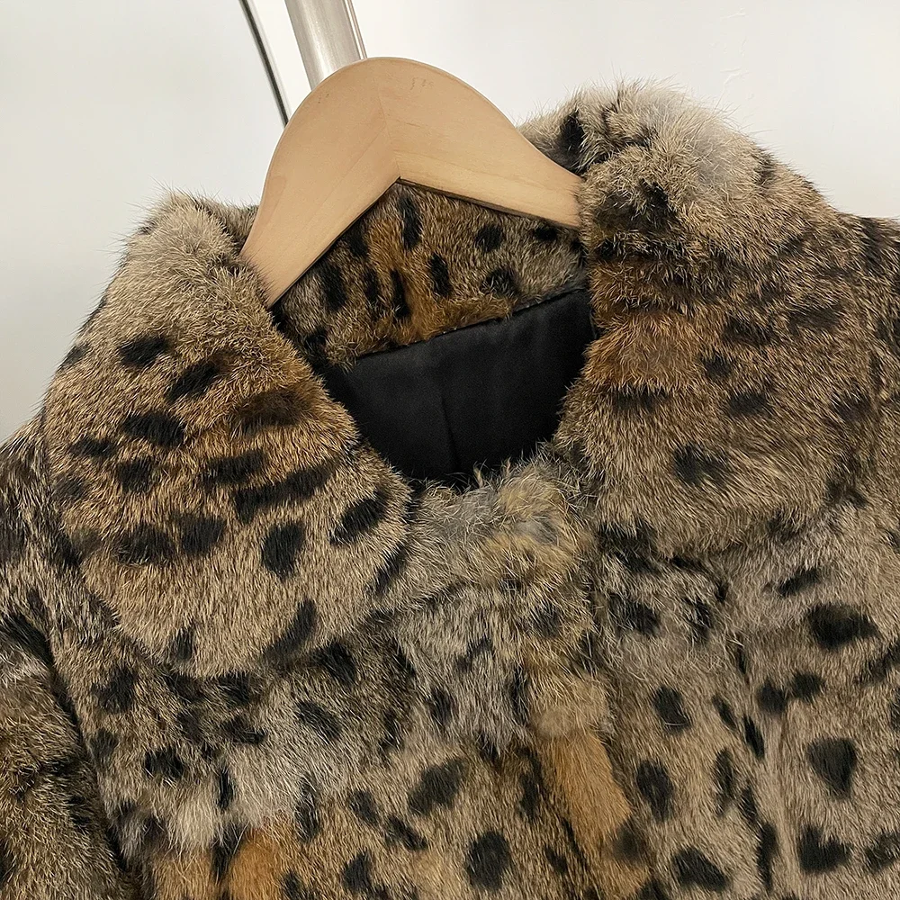 OFTBUY Peter-Pan-Kragen Kurze Winterjacke aus Natürlichem Kaninchenfell für Damen Leopardenmuster Echter Kaninchenfellmantel Neue Kleidung Warm für Frauen – Detail 7