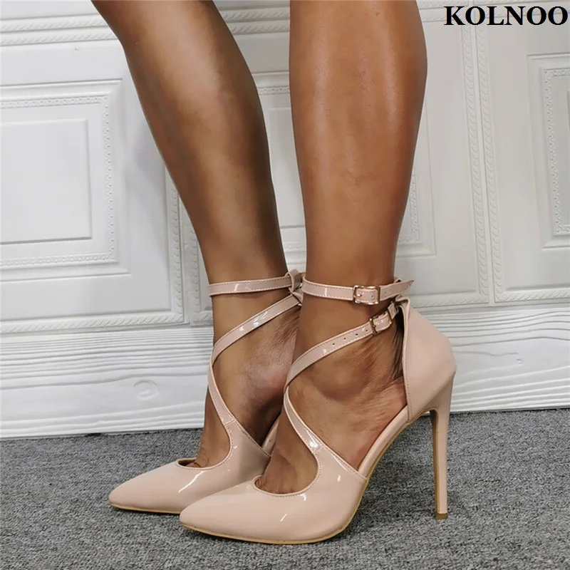 

Kolnoo Handmade New Women's Stiletto Heels Pumps Cross Buckle Strap Patent Leather Pointy Large Size Evening Fashion Court Shoes