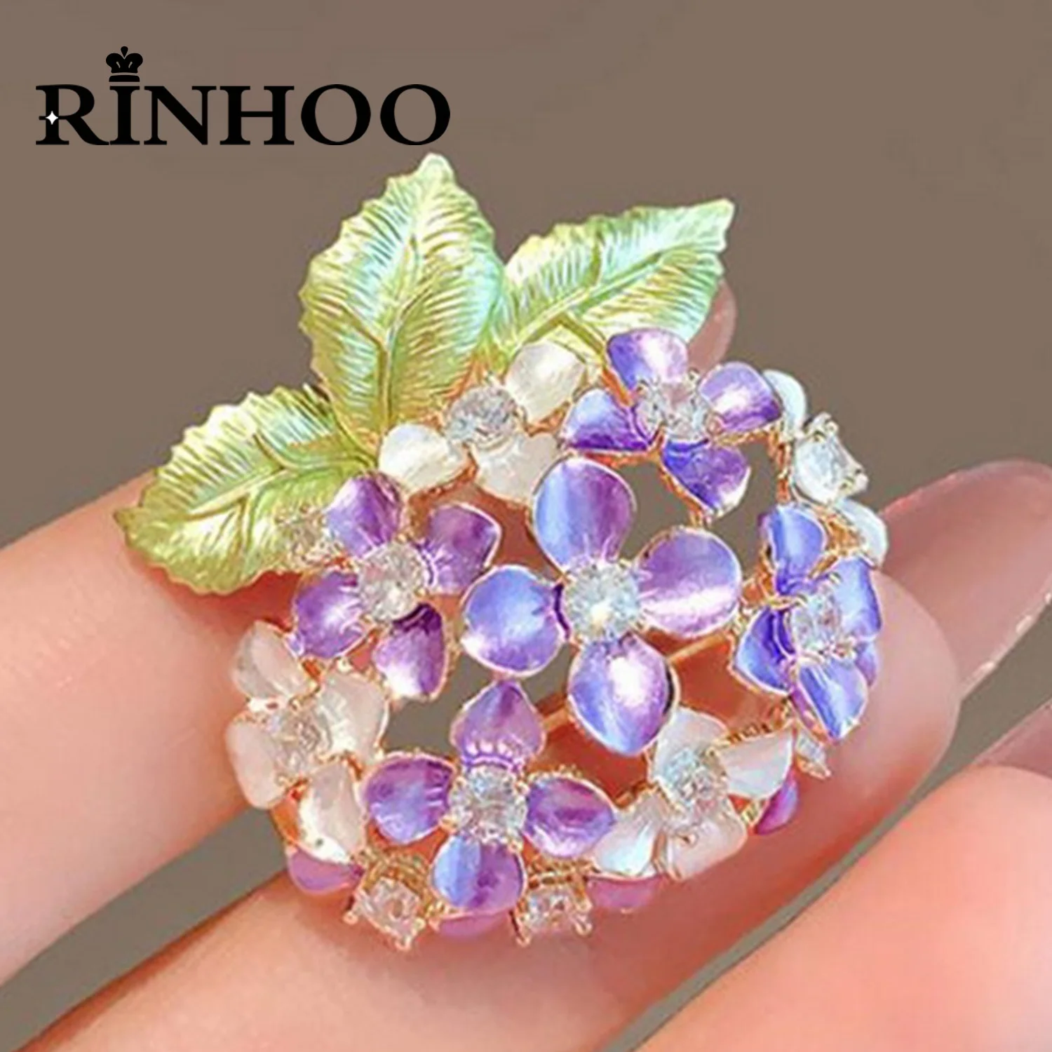 Rinhoo Temperament Purple Enamel Hydrangea Flower Brooches For Women Elegant Green Leaf Floral Bouquet Pins Plant Badge Jewelry