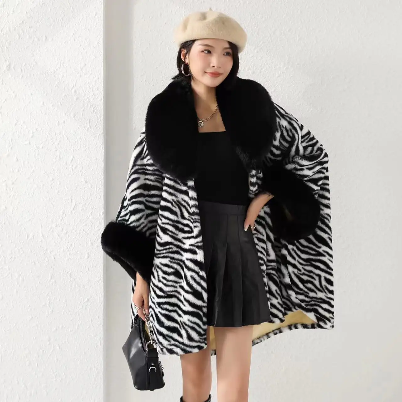 5 Women Overcoat Cardigan Cloak Winter Thick Faux Fur Triangle Neck Coat Batwing Sleeve Leopard Printed Long Warm Poncho Cape