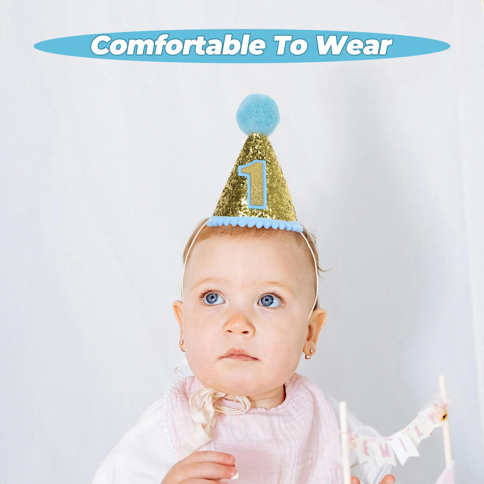 Glitter Sparkle 1st Birthday Cone Hat with Adjustable Headband for Baby Girl Party Supplies (Blue) party hat