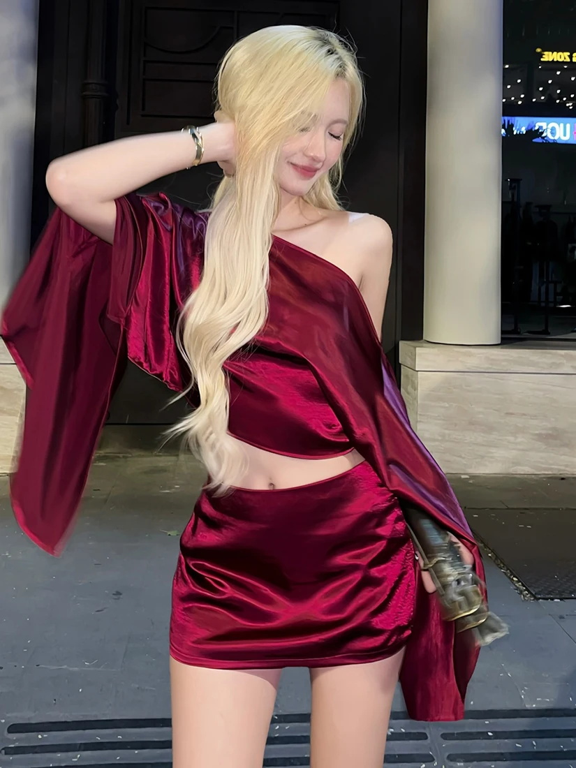 

Weird Puss American Sle Sexy Girl Wine Red Satin ter Top Women Slim Fit Skirt Ensemble ort Length Long Sve Autumn S...