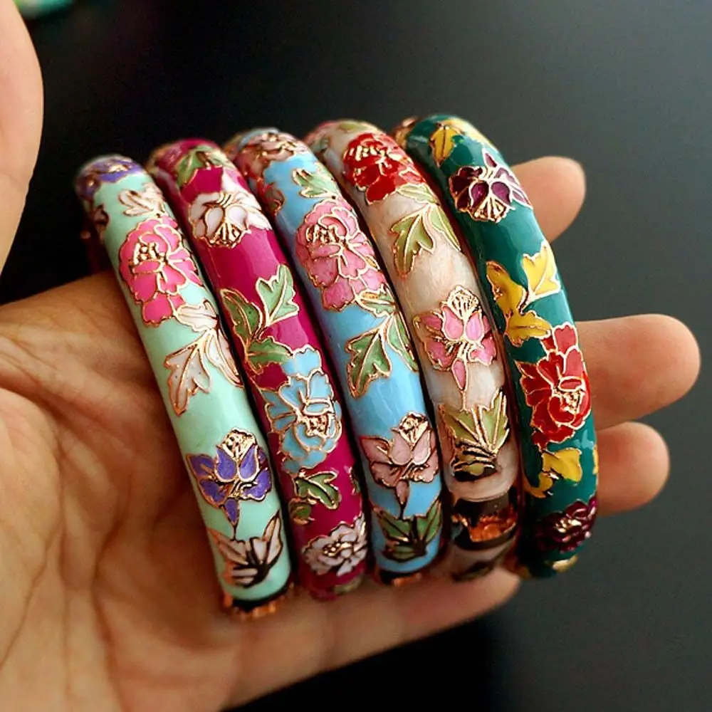 

Classic Vintage Cloisonne Peony Gifts For Women Girl Enamel Flower Jewelry Bracelet Accessories Bangles
