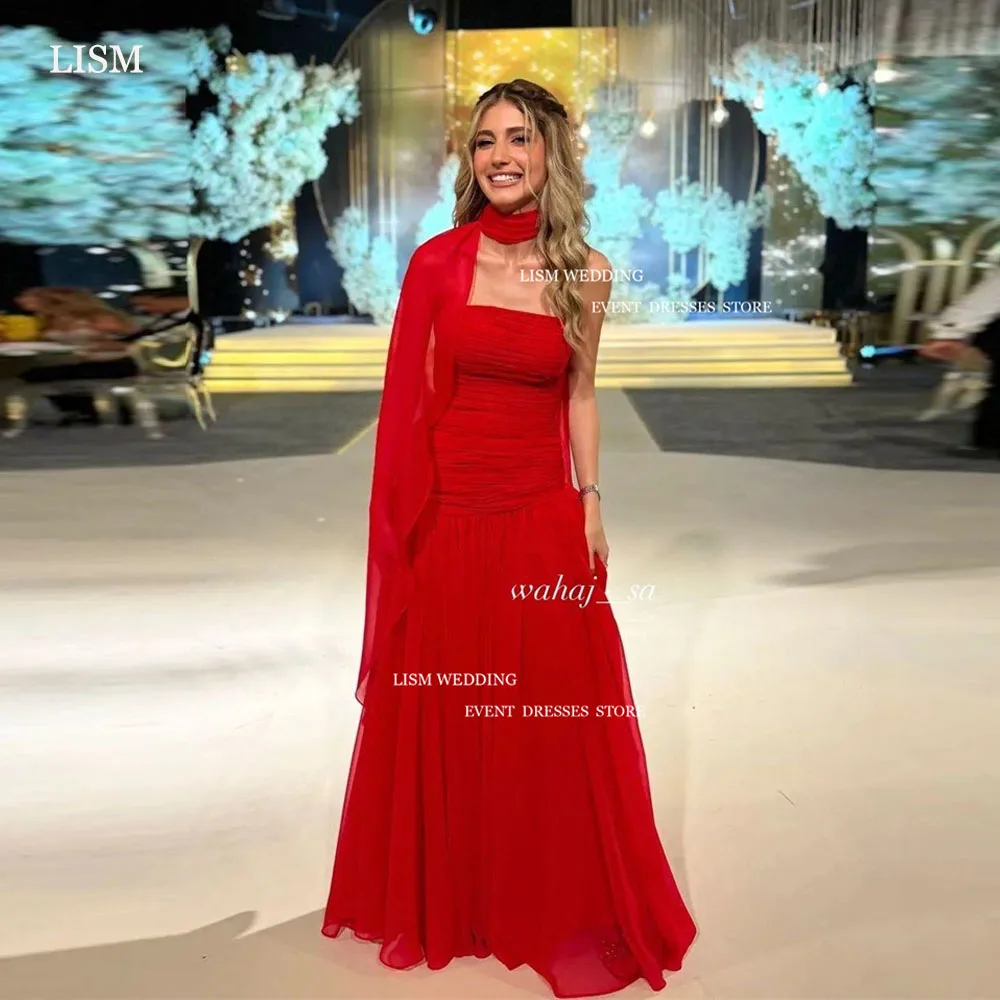 LISM Elegant Red Chiffon Evening Dresses Long Cape Sleeve Strapless A-Line Formal Occasion Gowns For Saudi Arabic Women Custom