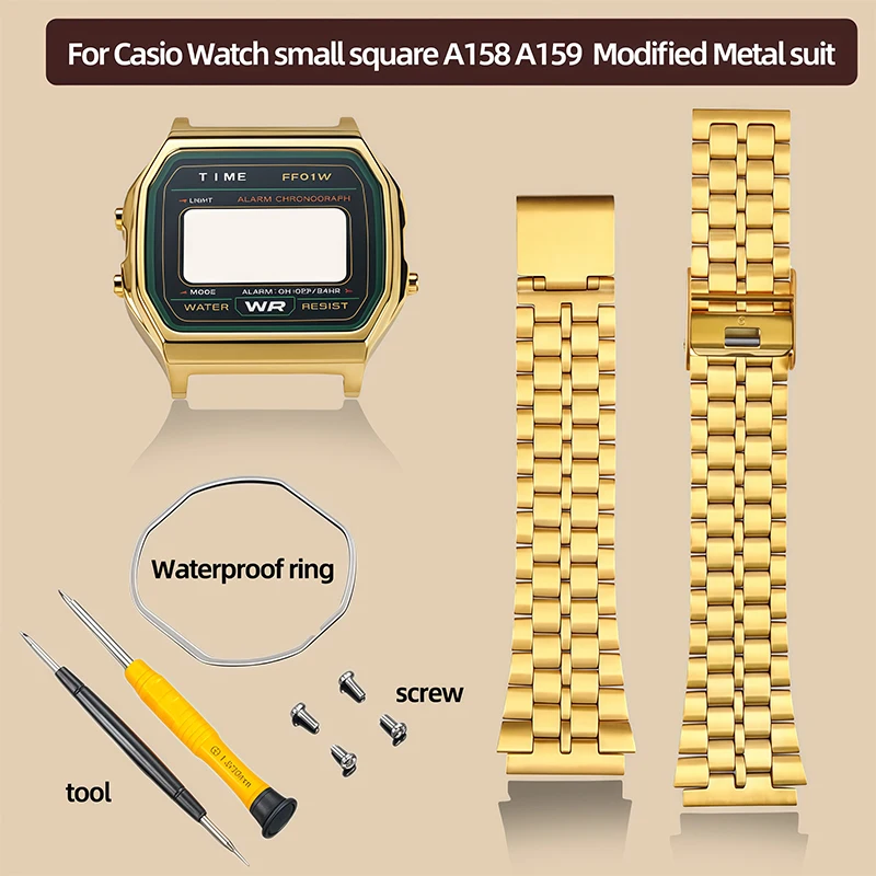 A158W A159W Modified Metal suit For Casio Watch small square A158 A168 Stainless steel case+strap Matching tool Watch accessorie