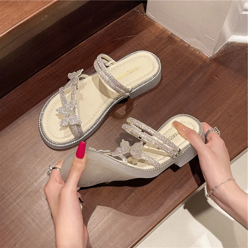 Slippers Casual Flat Shoes Female Med Glitter Slides Slipers Women Butterfly-Knot Luxury Jelly Summer 2024 Beach Bonded Leather