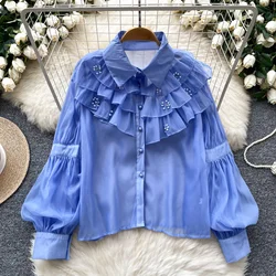 Chic Rhinestone Women Vintage Turn-down Collar Basics Long Sleeve Loose Ruffle Top French Streetwear High Street Autumn Blouse