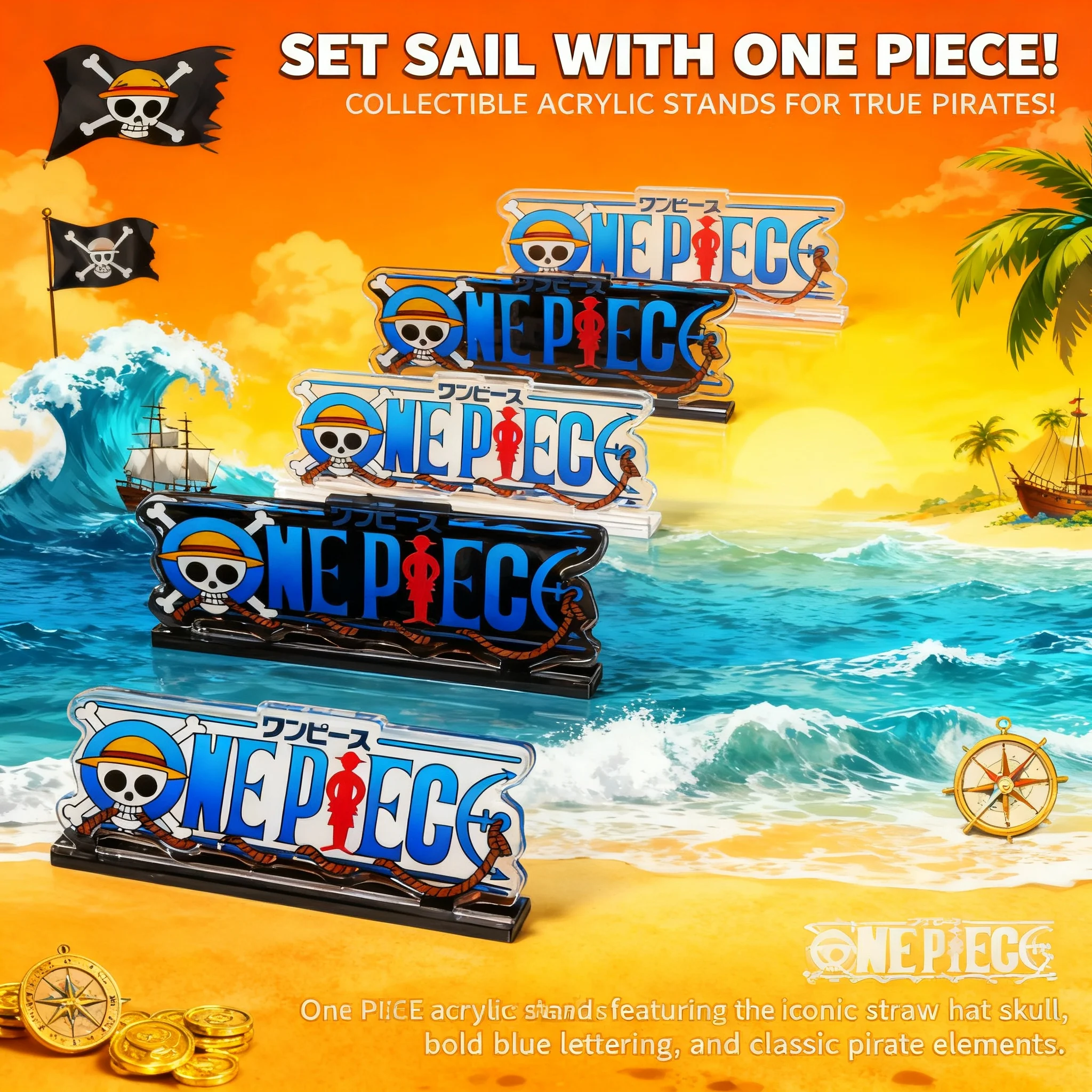 

ONE PIECE Anime Logo 4x9.5cm Surface Film Back Glue Tearable Action Figure Model Matching 2 Styles for Collection Display