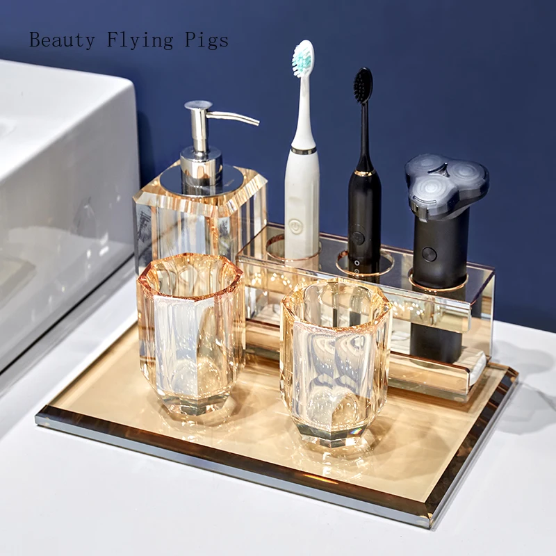 European Light Luxury Crystal Wash Cup Set Hotel bathroom supplies Lotion bottle glass Toothbrush holder Bathroom sink tray