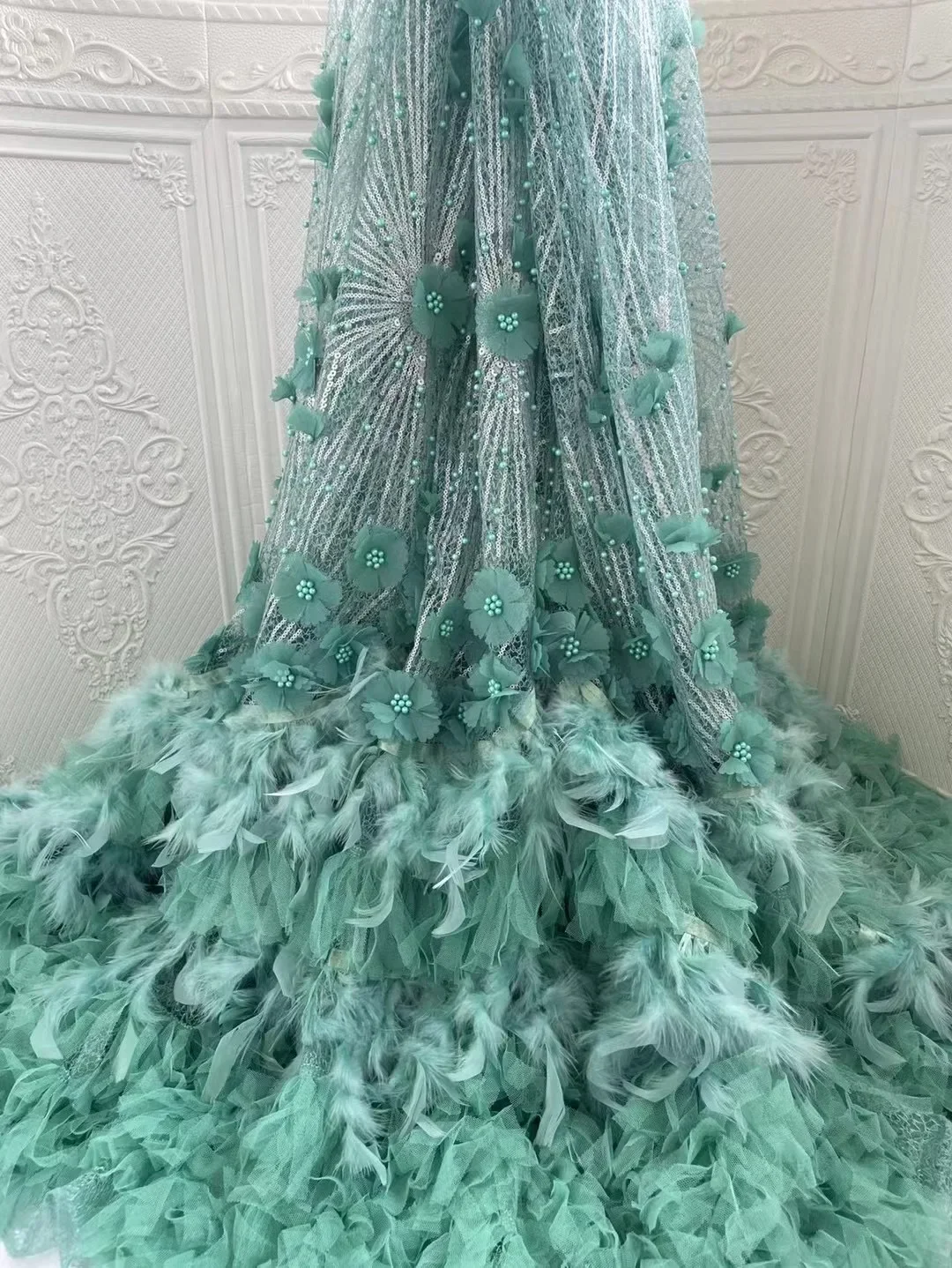 2024 New High Quality Luxury 3D Feather Lace Shiny Sequins Handmade Mesh Lace Tulle Fabric Swiss Bride Wedding Party SewingX5489