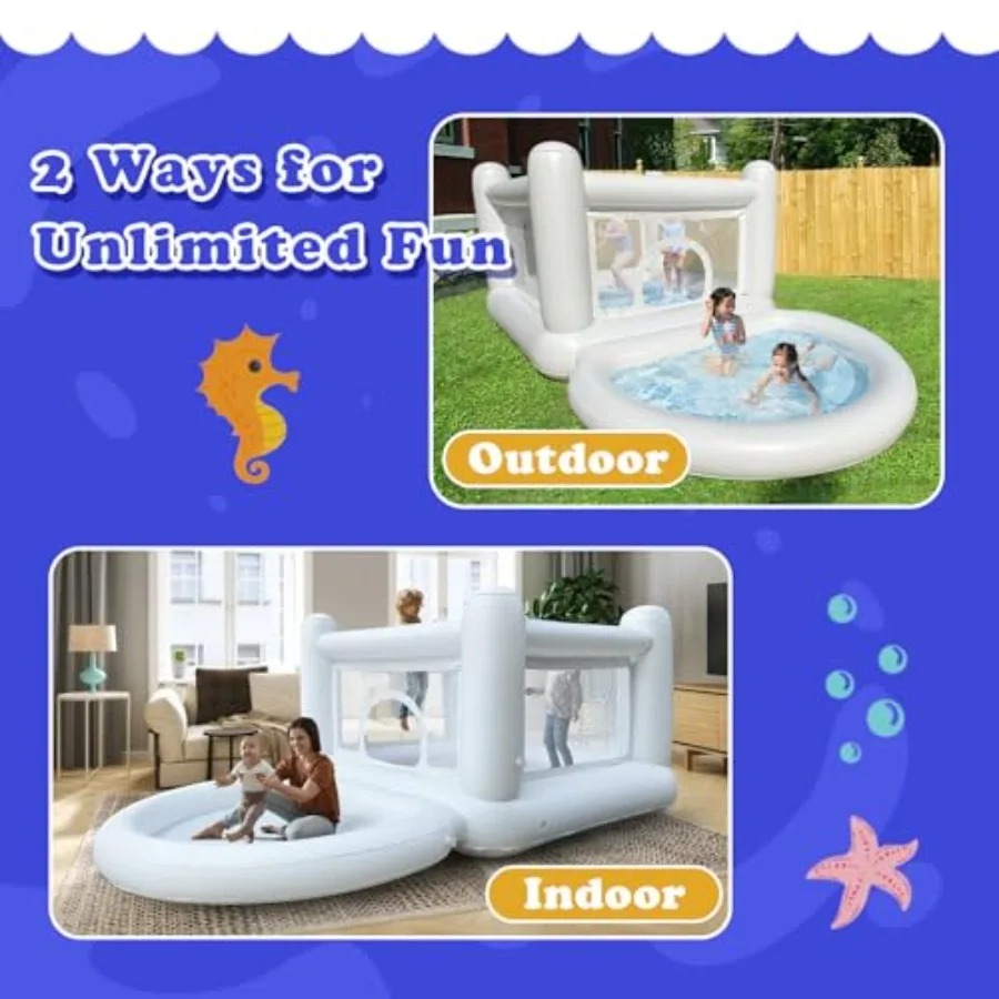 منزل ترتد مع حفرة كروية للأطفال من سن 3 إلى 6 سنوات، حارس داخلي قابل للنفخ، مادة مقاومة للماء ومتينة، قلعة نطاطة بيضاء خارجية