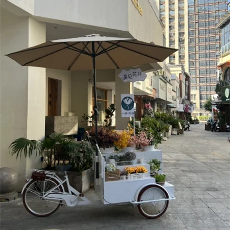 Kiosnya diaktifkan ke sepeda roda tiga, makanan ringan, mobil kios bergerak, stand pajangan pasar malam, promosi mobil bunga