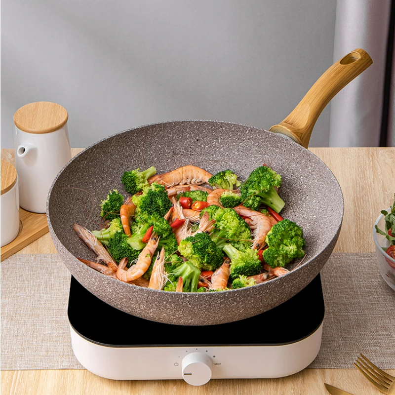 Volcanic Rock Wear-resistant Non-stick Pan Light Smoke Less Oil Household Wok Stove Gas Induction Cooker Special Flat Bottom Wok