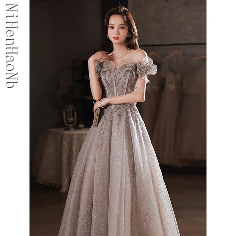 Elegant Gray Evening Dress Off Shoulder Shiny Sequin Lace Up Women Formal Party Prom Gowns Vestido De Quinceañera