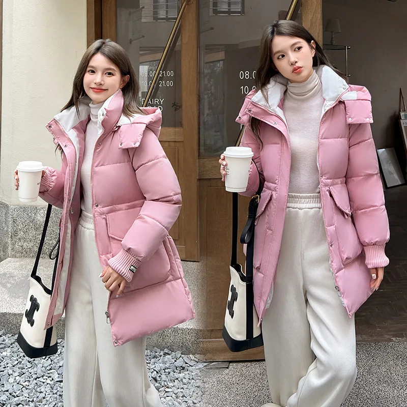 Women Parkas Mid Length Coats Hooded Zipper Jackets Tight Waist Slim Fit Thick Warm Y2k Streetwear Elegant Autumn Winter