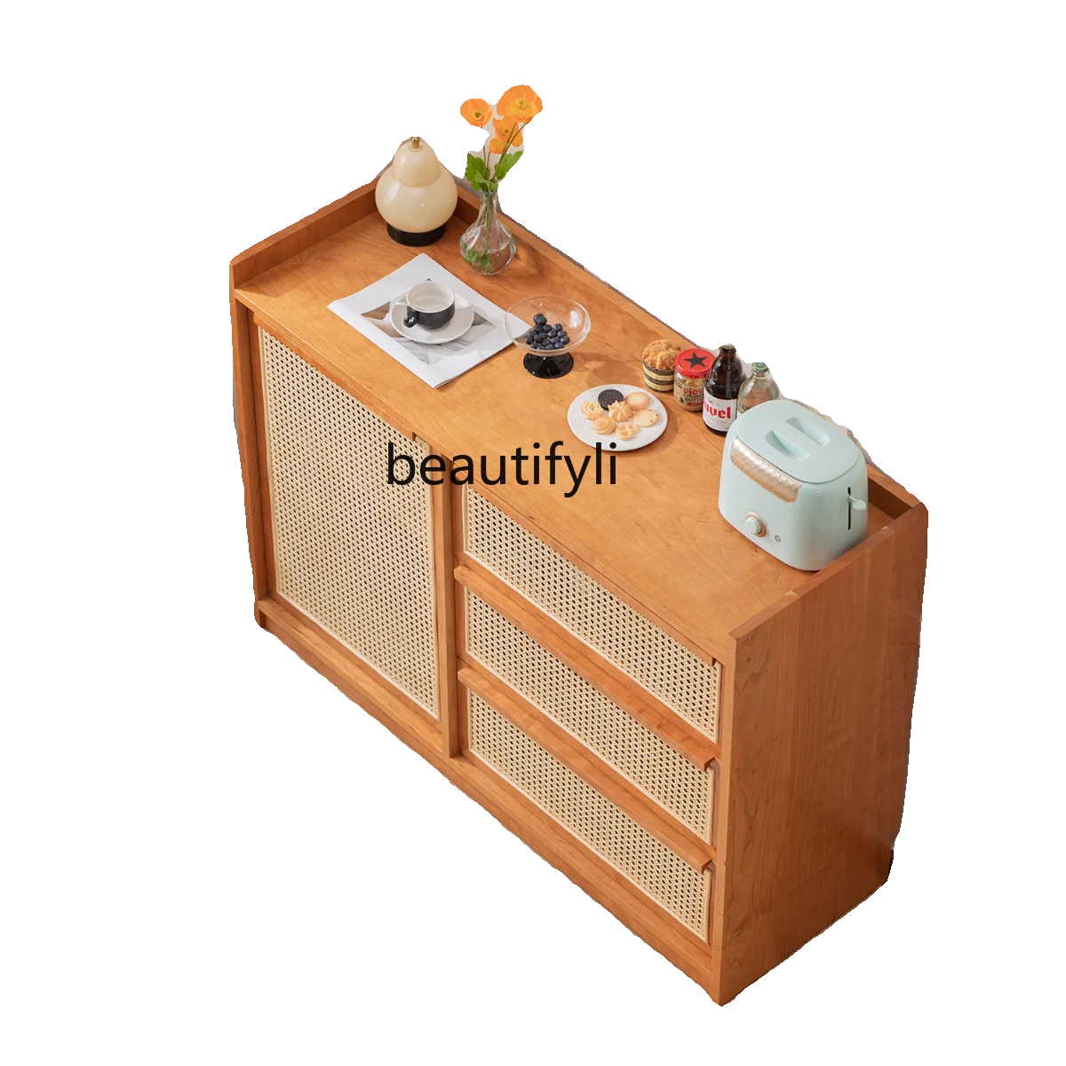 

Rattan Door Sideboard Cabinet Solid Wood Locker Nordic Living Room Log Multifunctional Storage Cabinet