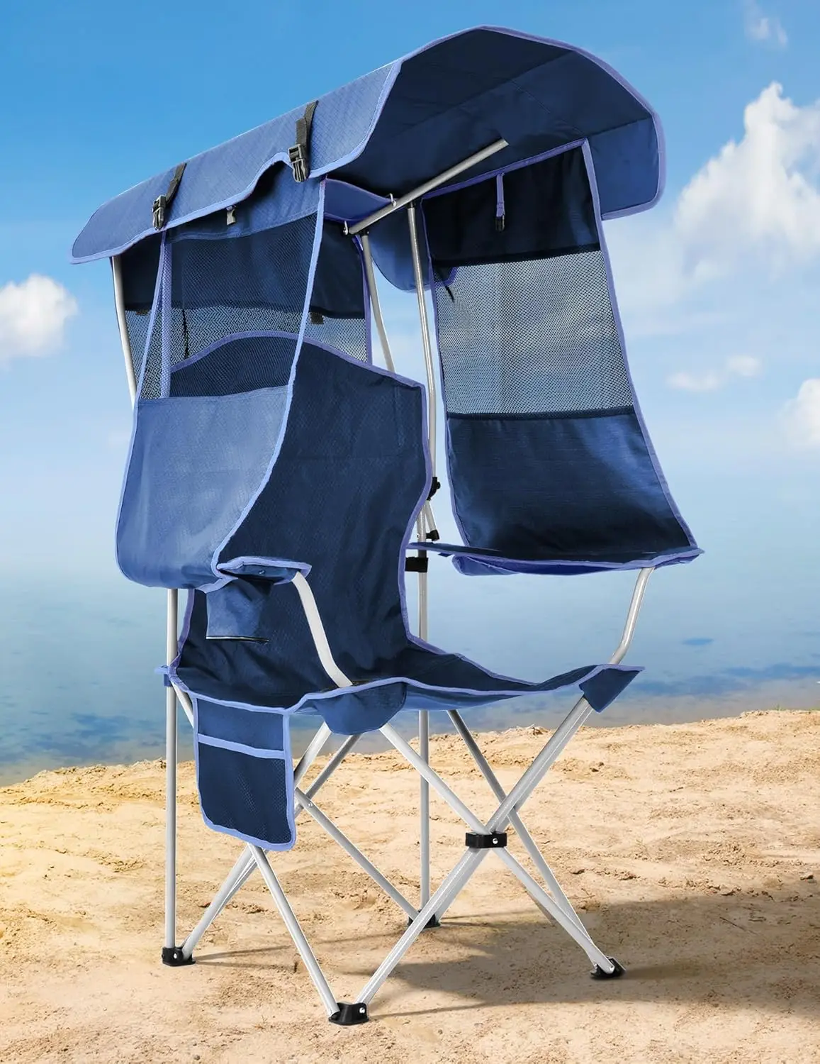 

Folding Beach Chair with Canopy Shade, Cup Holder & Side Pocket for Camping, Fishing - Supports 330 LBS