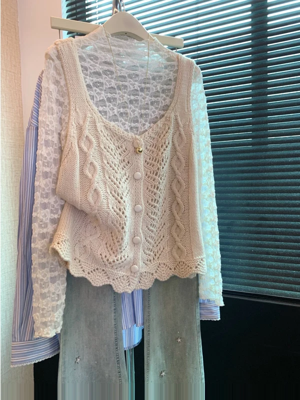 Korean Style U-Neck Knitted Lace Trim Tank Top Women's Spring New Layering Long Sleeve Inner Wear Vest Self-Keeping Design